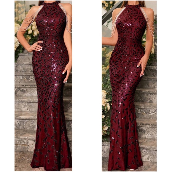 Luxe Sequin Halter Evening Party Wedding Bodycon Gown Dress - Picture 3 of 6